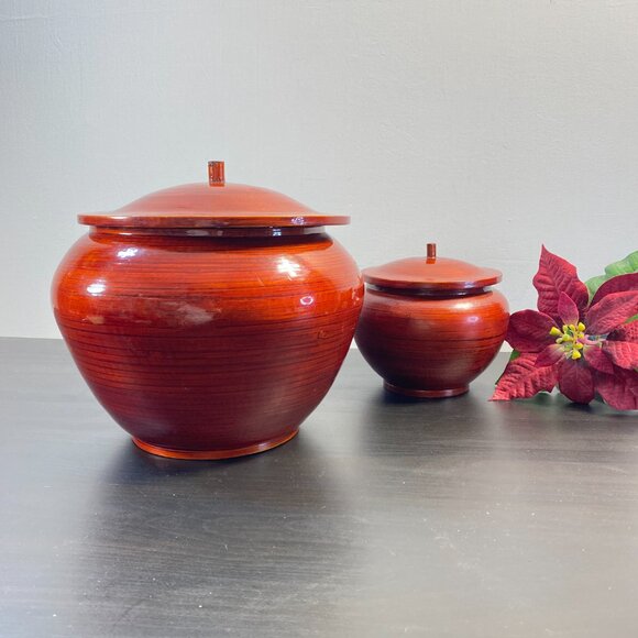 Wooden Jar with Lid, Wood Container, Set of Two, VIETNAM, Vintage, Brown, Money - Picture 10 of 10